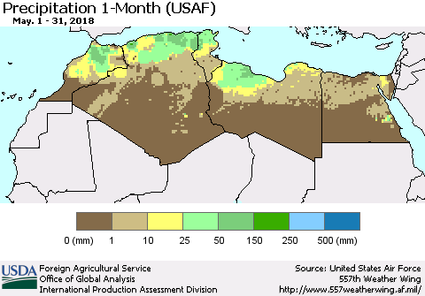 North Africa Precipitation 1-Month (USAF) Thematic Map For 5/1/2018 - 5/31/2018