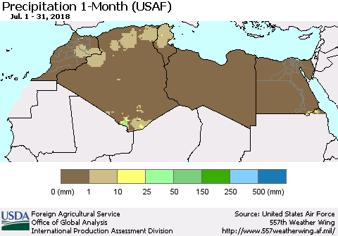 North Africa Precipitation 1-Month (USAF) Thematic Map For 7/1/2018 - 7/31/2018