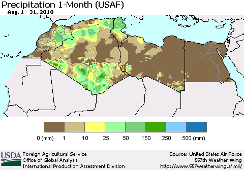 North Africa Precipitation 1-Month (USAF) Thematic Map For 8/1/2018 - 8/31/2018