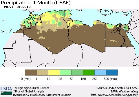 North Africa Precipitation 1-Month (USAF) Thematic Map For 3/1/2019 - 3/31/2019