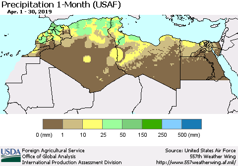 North Africa Precipitation 1-Month (USAF) Thematic Map For 4/1/2019 - 4/30/2019