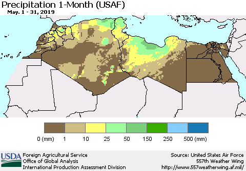 North Africa Precipitation 1-Month (USAF) Thematic Map For 5/1/2019 - 5/31/2019