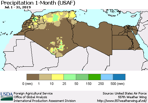 North Africa Precipitation 1-Month (USAF) Thematic Map For 7/1/2019 - 7/31/2019