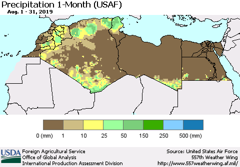 North Africa Precipitation 1-Month (USAF) Thematic Map For 8/1/2019 - 8/31/2019