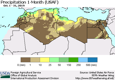 North Africa Precipitation 1-Month (USAF) Thematic Map For 10/1/2019 - 10/31/2019