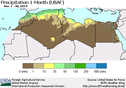 North Africa Precipitation 1-Month (USAF) Thematic Map For 11/1/2019 - 11/30/2019