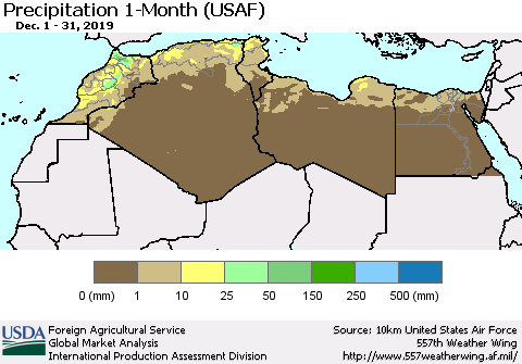 North Africa Precipitation 1-Month (USAF) Thematic Map For 12/1/2019 - 12/31/2019