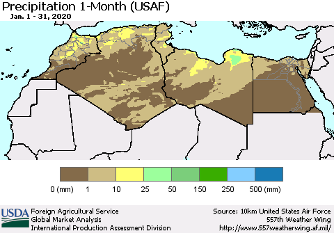 North Africa Precipitation 1-Month (USAF) Thematic Map For 1/1/2020 - 1/31/2020