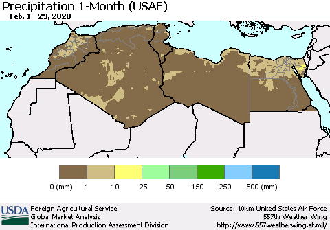 North Africa Precipitation 1-Month (USAF) Thematic Map For 2/1/2020 - 2/29/2020