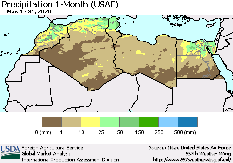 North Africa Precipitation 1-Month (USAF) Thematic Map For 3/1/2020 - 3/31/2020