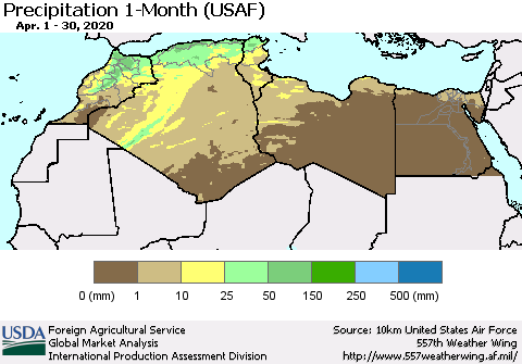 North Africa Precipitation 1-Month (USAF) Thematic Map For 4/1/2020 - 4/30/2020