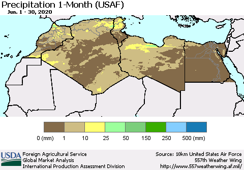 North Africa Precipitation 1-Month (USAF) Thematic Map For 6/1/2020 - 6/30/2020