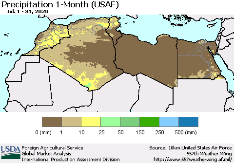 North Africa Precipitation 1-Month (USAF) Thematic Map For 7/1/2020 - 7/31/2020