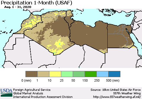 North Africa Precipitation 1-Month (USAF) Thematic Map For 8/1/2020 - 8/31/2020