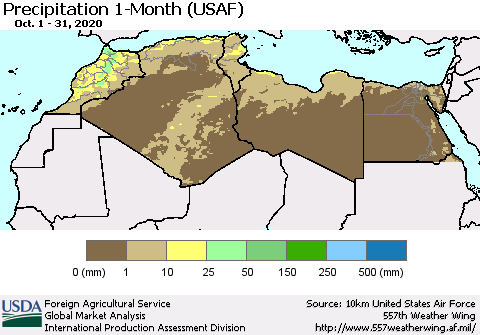 North Africa Precipitation 1-Month (USAF) Thematic Map For 10/1/2020 - 10/31/2020