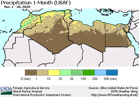 North Africa Precipitation 1-Month (USAF) Thematic Map For 11/1/2020 - 11/30/2020