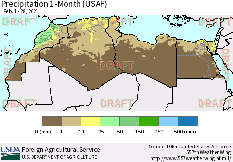 North Africa Precipitation 1-Month (USAF) Thematic Map For 2/1/2021 - 2/28/2021