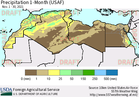 North Africa Precipitation 1-Month (USAF) Thematic Map For 11/1/2021 - 11/30/2021