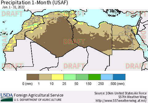 North Africa Precipitation 1-Month (USAF) Thematic Map For 1/1/2022 - 1/31/2022