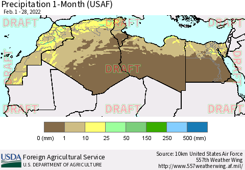 North Africa Precipitation 1-Month (USAF) Thematic Map For 2/1/2022 - 2/28/2022