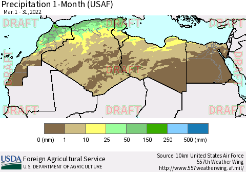 North Africa Precipitation 1-Month (USAF) Thematic Map For 3/1/2022 - 3/31/2022