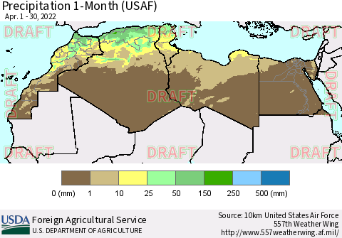 North Africa Precipitation 1-Month (USAF) Thematic Map For 4/1/2022 - 4/30/2022