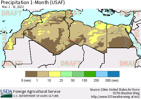 North Africa Precipitation 1-Month (USAF) Thematic Map For 3/1/2023 - 3/31/2023