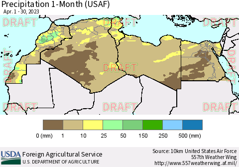 North Africa Precipitation 1-Month (USAF) Thematic Map For 4/1/2023 - 4/30/2023