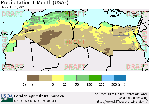 North Africa Precipitation 1-Month (USAF) Thematic Map For 5/1/2023 - 5/31/2023