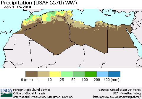 North Africa Precipitation (USAF 557th WW) Thematic Map For 4/9/2018 - 4/15/2018
