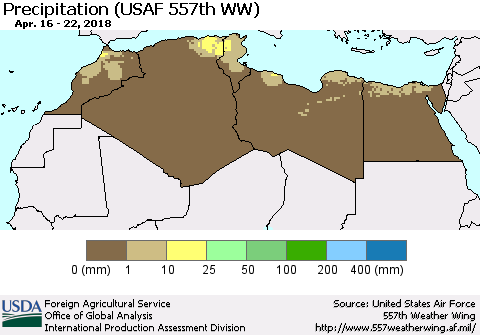 North Africa Precipitation (USAF 557th WW) Thematic Map For 4/16/2018 - 4/22/2018