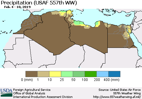 North Africa Precipitation (USAF 557th WW) Thematic Map For 2/4/2019 - 2/10/2019