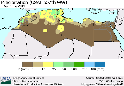 North Africa Precipitation (USAF 557th WW) Thematic Map For 4/1/2019 - 4/7/2019