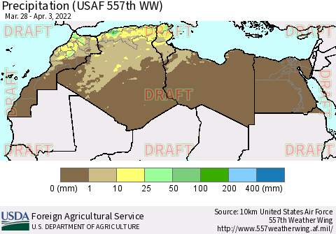 North Africa Precipitation (USAF 557th WW) Thematic Map For 3/28/2022 - 4/3/2022