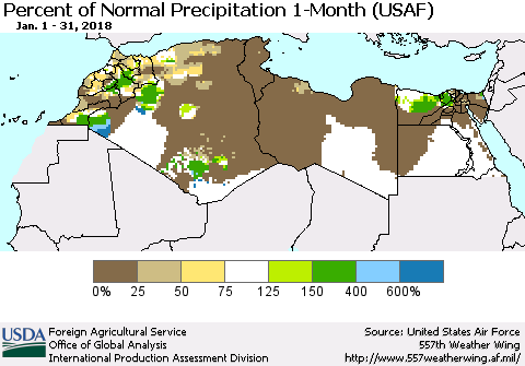 North Africa Percent of Normal Precipitation 1-Month (USAF) Thematic Map For 1/1/2018 - 1/31/2018