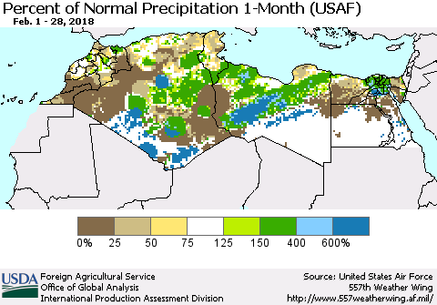 North Africa Percent of Normal Precipitation 1-Month (USAF) Thematic Map For 2/1/2018 - 2/28/2018