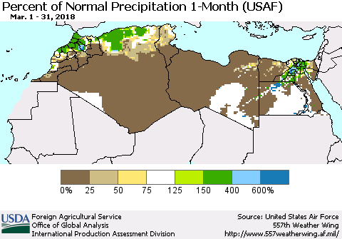 North Africa Percent of Normal Precipitation 1-Month (USAF) Thematic Map For 3/1/2018 - 3/31/2018