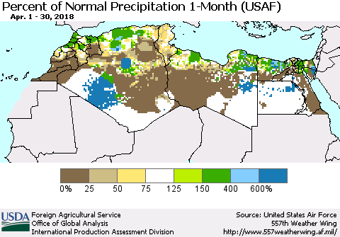 North Africa Percent of Normal Precipitation 1-Month (USAF) Thematic Map For 4/1/2018 - 4/30/2018