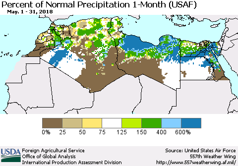North Africa Percent of Normal Precipitation 1-Month (USAF) Thematic Map For 5/1/2018 - 5/31/2018