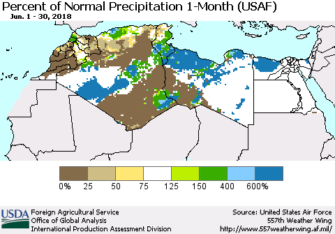 North Africa Percent of Normal Precipitation 1-Month (USAF) Thematic Map For 6/1/2018 - 6/30/2018