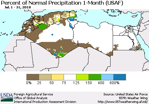 North Africa Percent of Normal Precipitation 1-Month (USAF) Thematic Map For 7/1/2018 - 7/31/2018