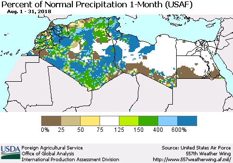 North Africa Percent of Normal Precipitation 1-Month (USAF) Thematic Map For 8/1/2018 - 8/31/2018
