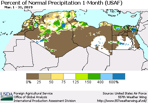 North Africa Percent of Normal Precipitation 1-Month (USAF) Thematic Map For 3/1/2019 - 3/31/2019