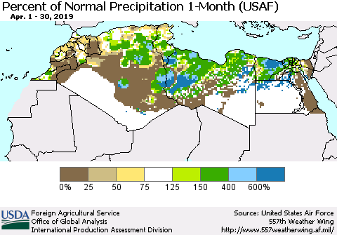 North Africa Percent of Normal Precipitation 1-Month (USAF) Thematic Map For 4/1/2019 - 4/30/2019