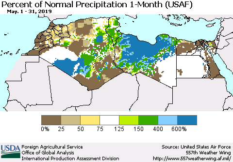 North Africa Percent of Normal Precipitation 1-Month (USAF) Thematic Map For 5/1/2019 - 5/31/2019