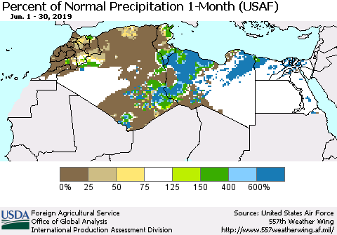 North Africa Percent of Normal Precipitation 1-Month (USAF) Thematic Map For 6/1/2019 - 6/30/2019