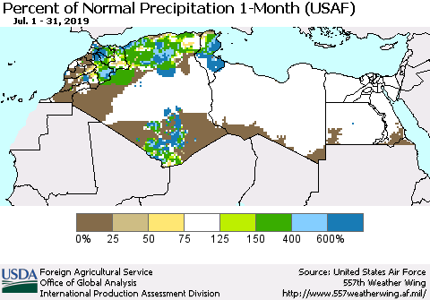 North Africa Percent of Normal Precipitation 1-Month (USAF) Thematic Map For 7/1/2019 - 7/31/2019