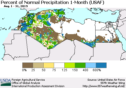 North Africa Percent of Normal Precipitation 1-Month (USAF) Thematic Map For 8/1/2019 - 8/31/2019