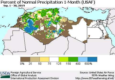 North Africa Percent of Normal Precipitation 1-Month (USAF) Thematic Map For 9/1/2019 - 9/30/2019
