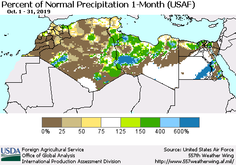 North Africa Percent of Normal Precipitation 1-Month (USAF) Thematic Map For 10/1/2019 - 10/31/2019